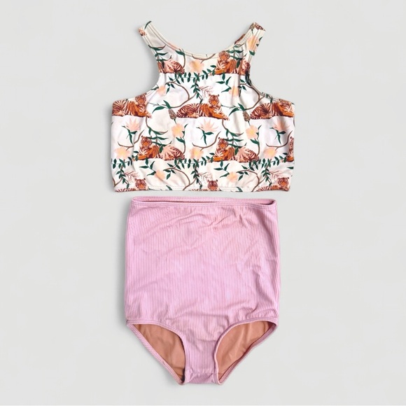 Kortni Jeane Girls Size 5 Two-Piece Swimsuit – Tigers + Pink Ribbed - Picture 1 of 8